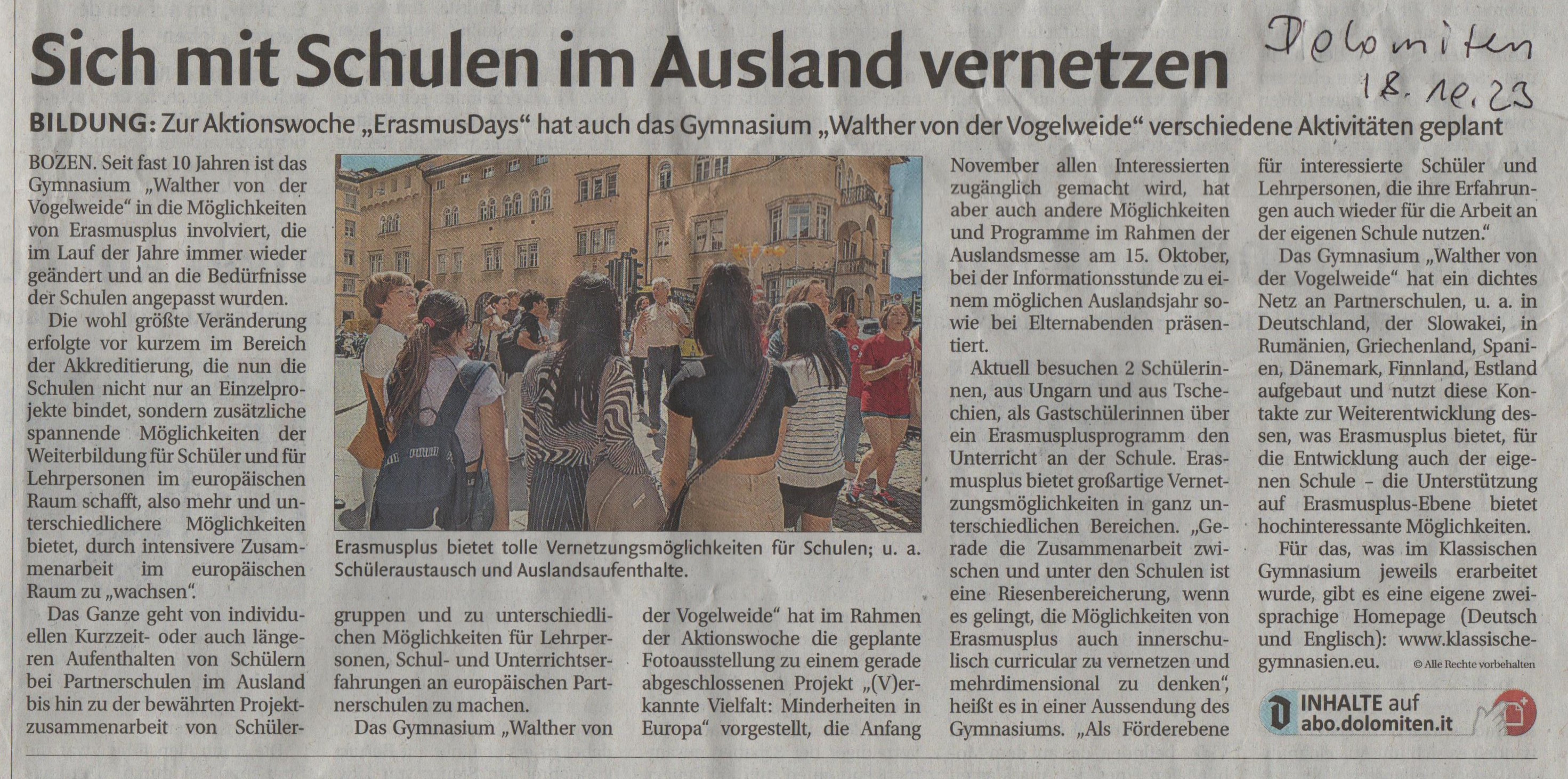 "Sich mit Schulen im Ausland vernetzen": Presseartikel Dolomiten 18.10.2023