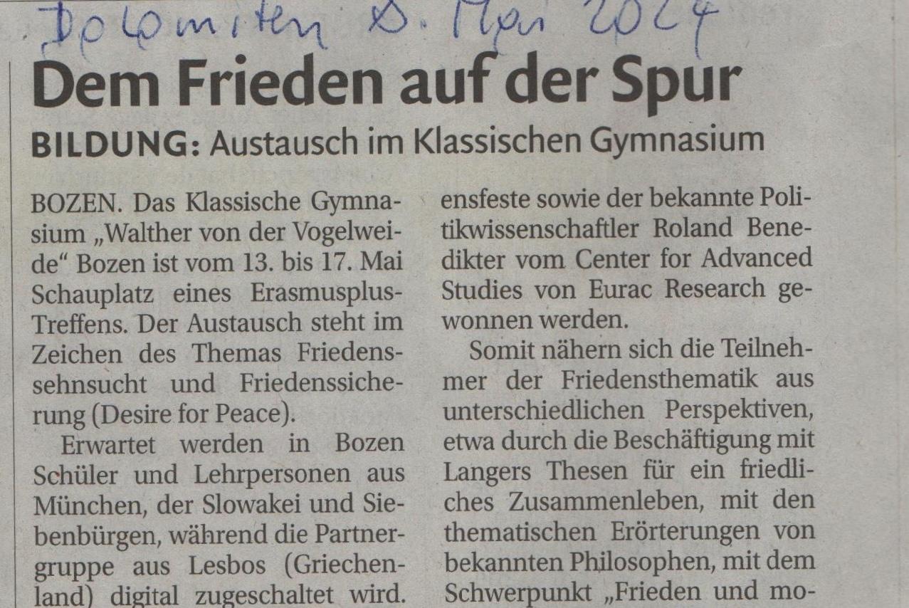 Desire for Peace: Third Meeting in Bolzano (13.-17.05.2024) Dolomiten 08.05.2024