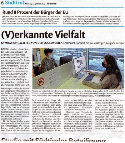 Un)recognized diversity: Minorities in Europe. Presseartikel Dolomiten (11.01.2021)
